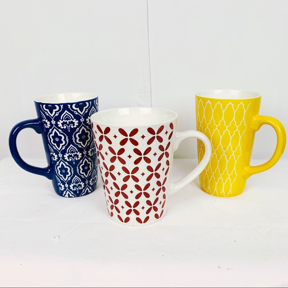 3 Decorative Coffee Mugs Tea Cups Red Blue Yellow